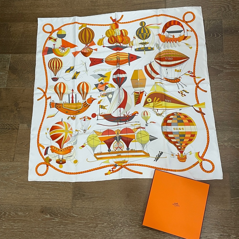 Hermes Scarf 90 x 90 Les Folies Du Ciel by Loic Dubigeon w/ Box Le Carré Silk